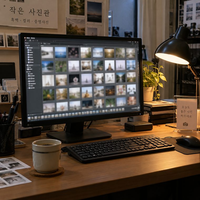 사진을 고르는 책상과 모니터 자리